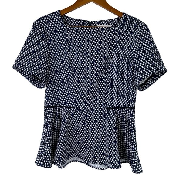 Veronika Maine Shirt Size 8 Geometric Short Sleeve Peplum Hem Top Casual Navy - Picture 1 of 7